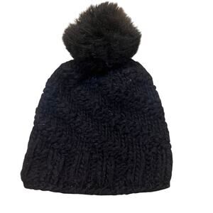 Free People Black Chunky Knit Beanie Faux Fur Pom Cozy Winter Hat One Size